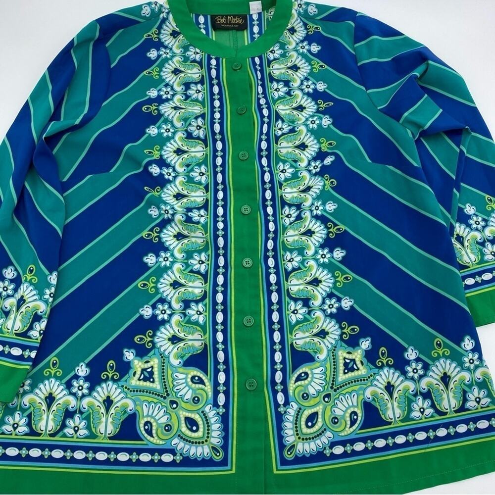 Bob Mackie Blouse Woman's Small Blue & Green Wearable Art Artsy Printed Bohemian